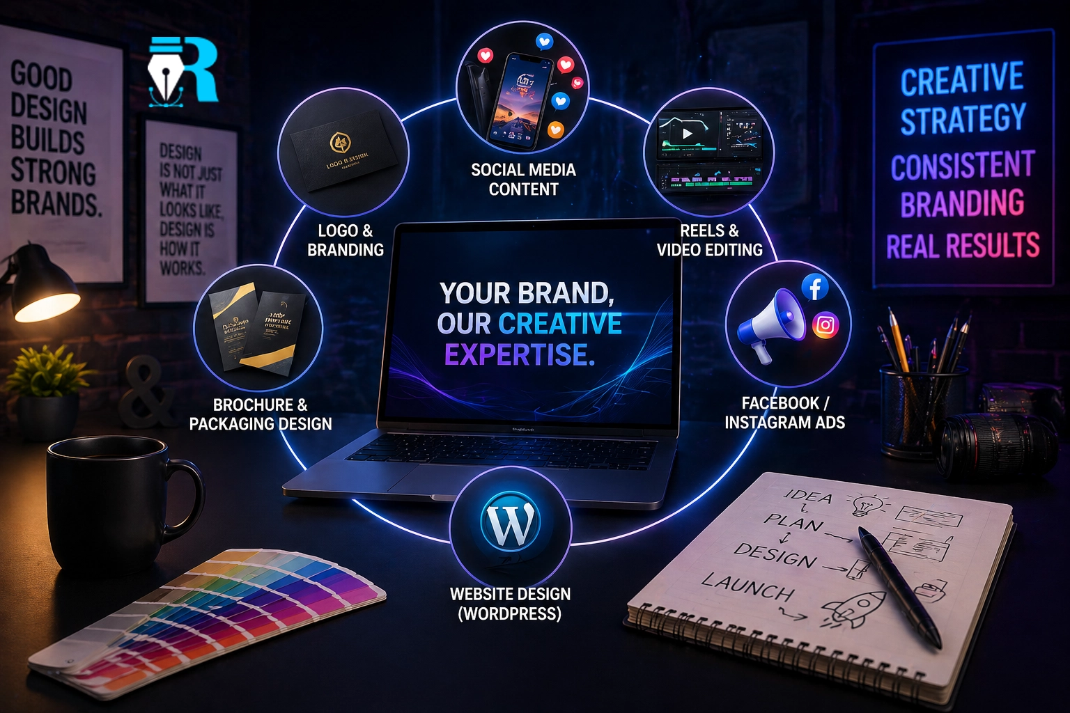 Creative agency workspace handling branding, social media, ads, and website design services in one place