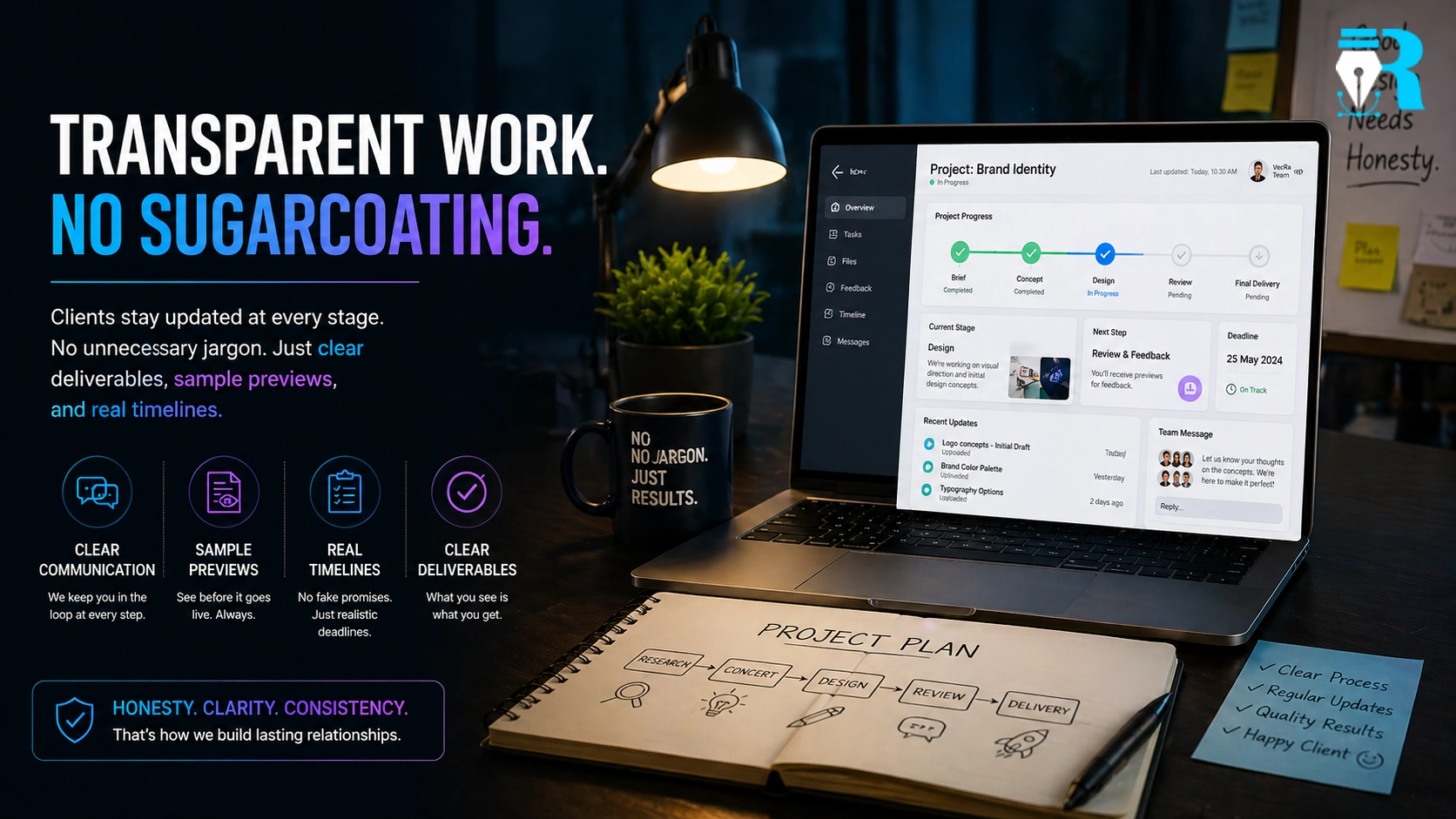 Professional workspace showing clear workflow, reports, and communication in a digital marketing agency