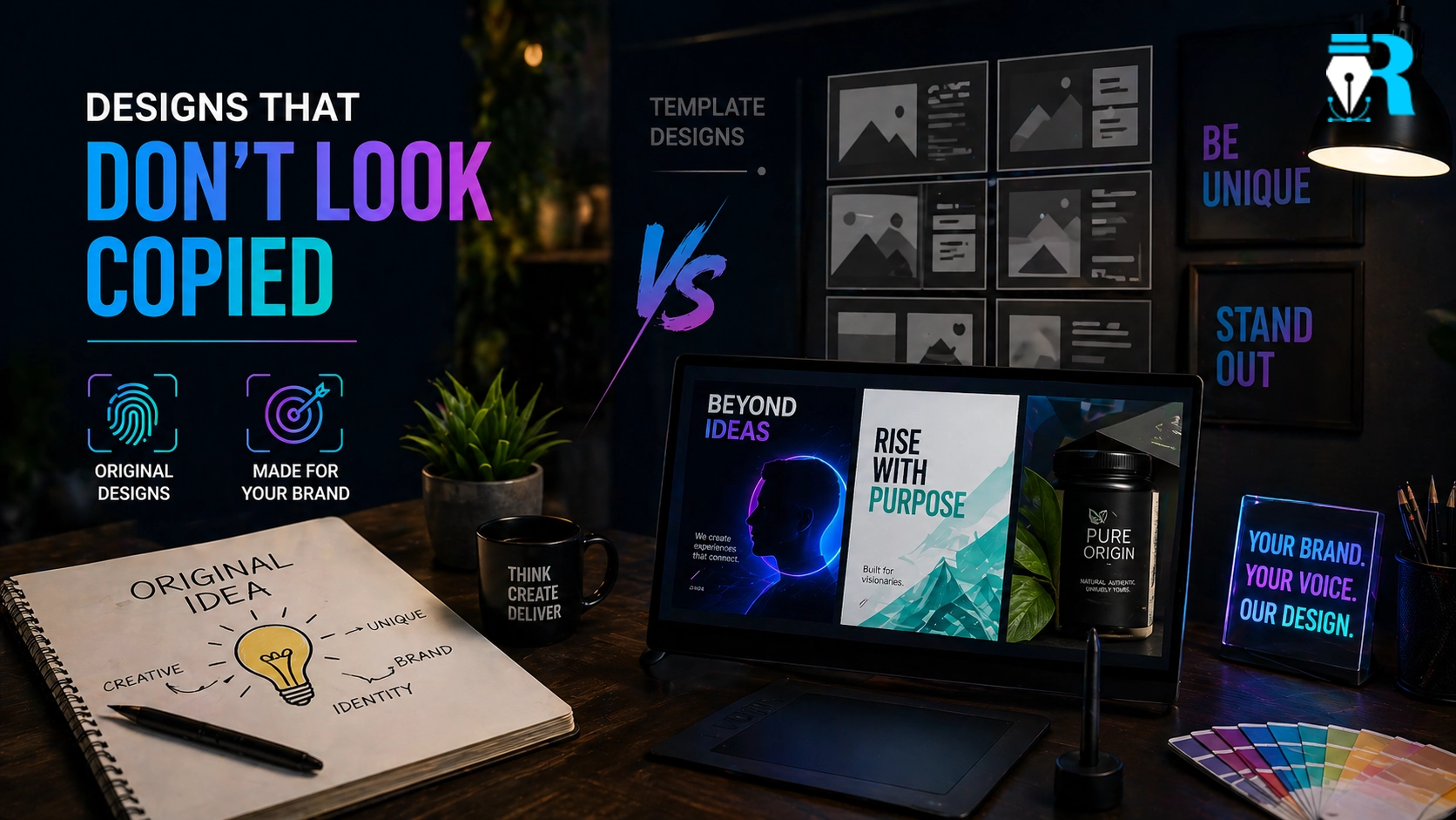 Creative design process with original concepts and unique branding visuals instead of generic templates