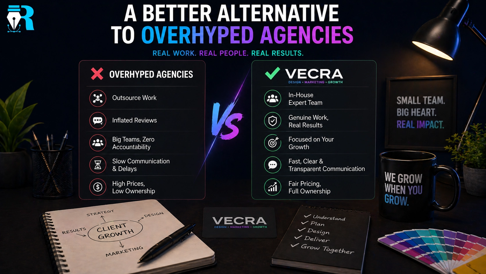 Comparison between reliable marketing agency and overhyped agencies showing trust and real results
