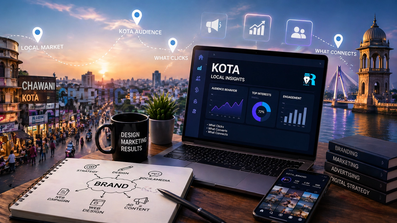 Local business marketing and design in Kota with workspace showing audience insights and city connection
