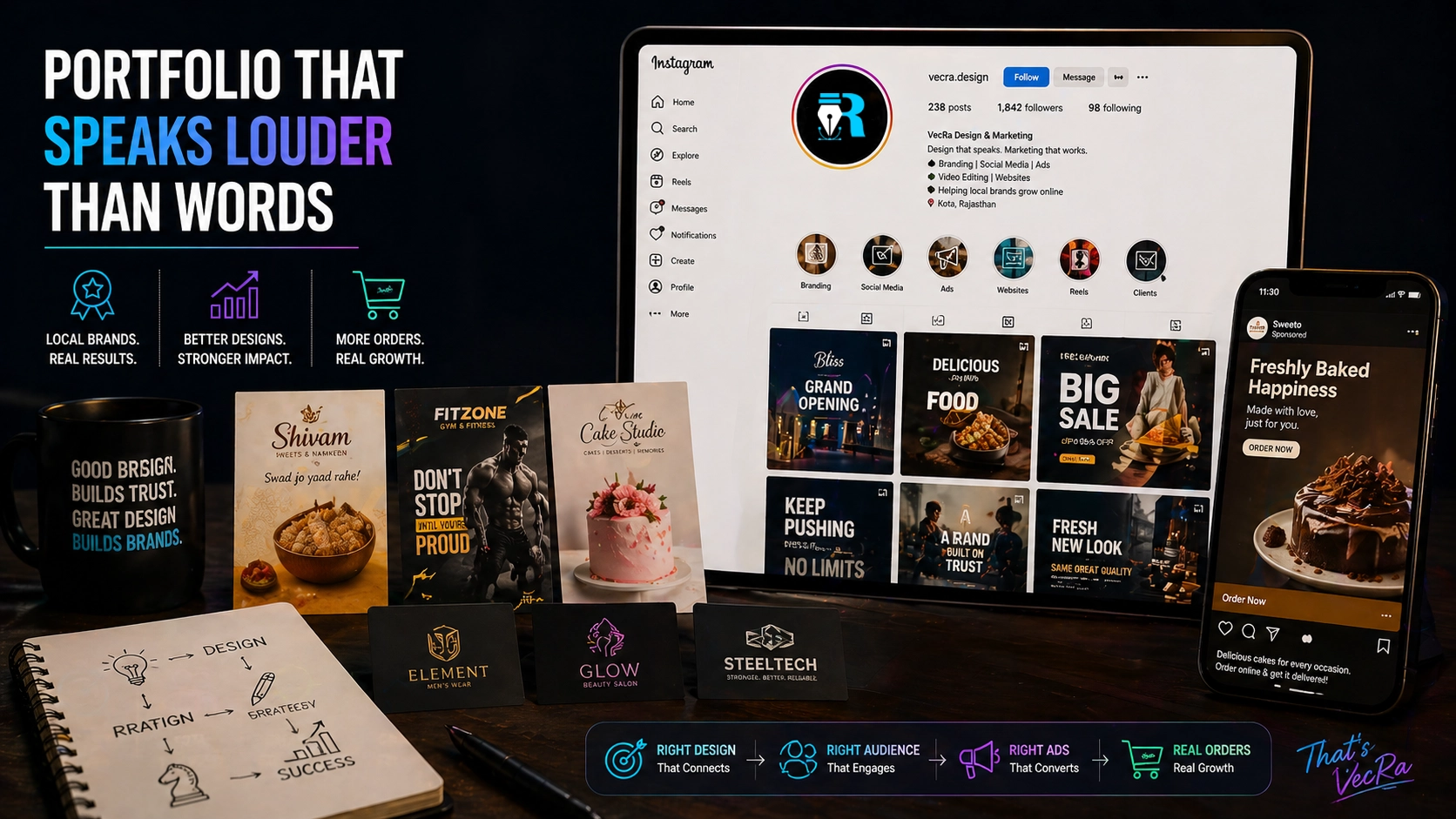 Graphic design and marketing portfolio showcasing social media creatives and brand projects
