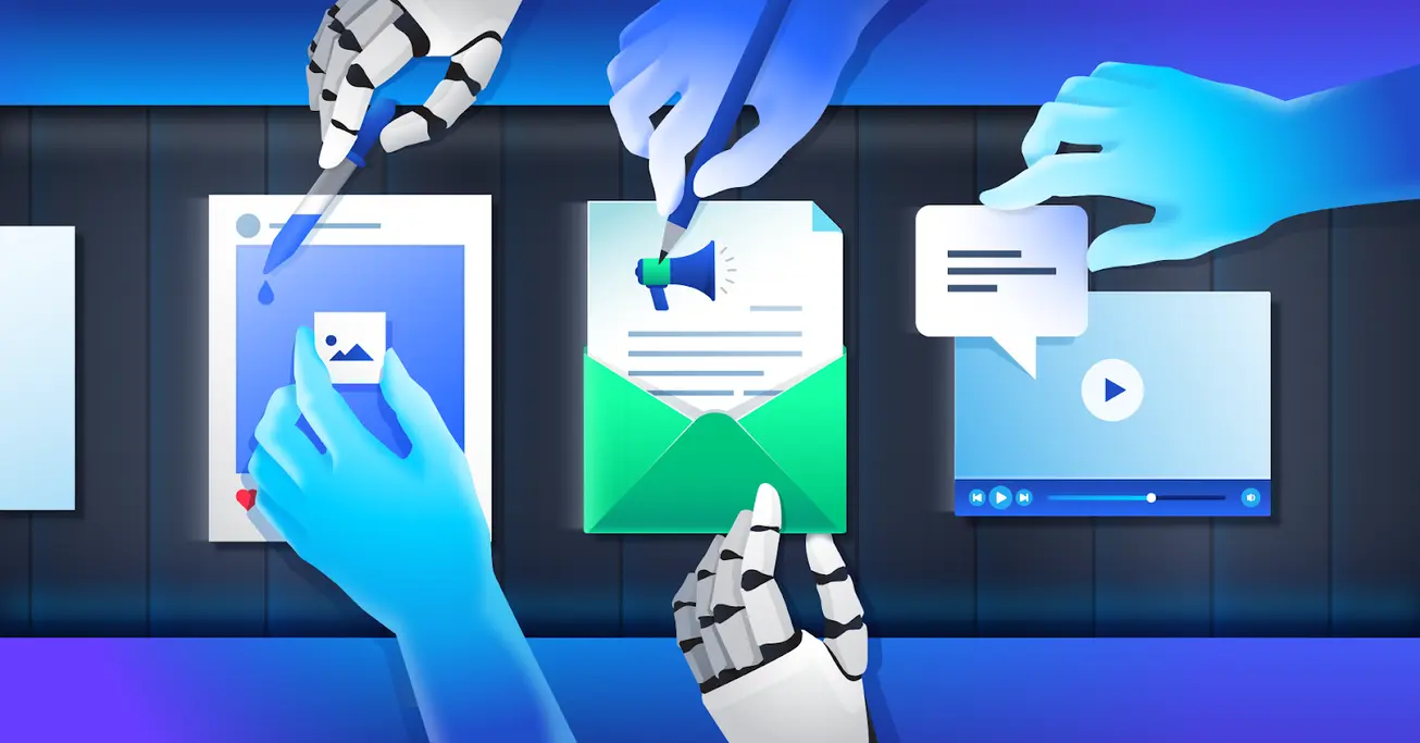 AI-powered content creation illustration showing robotic and human hands managing social media posts, email marketing, video content, and digital communication tools.