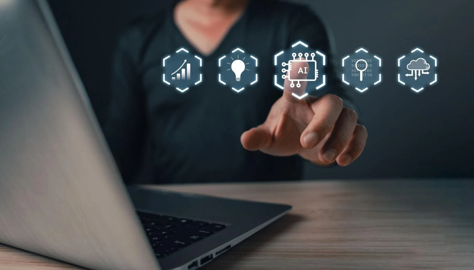 Future of content creation with AI image showing a person using a laptop with futuristic artificial intelligence icons for digital marketing, automation, and smart content tools.