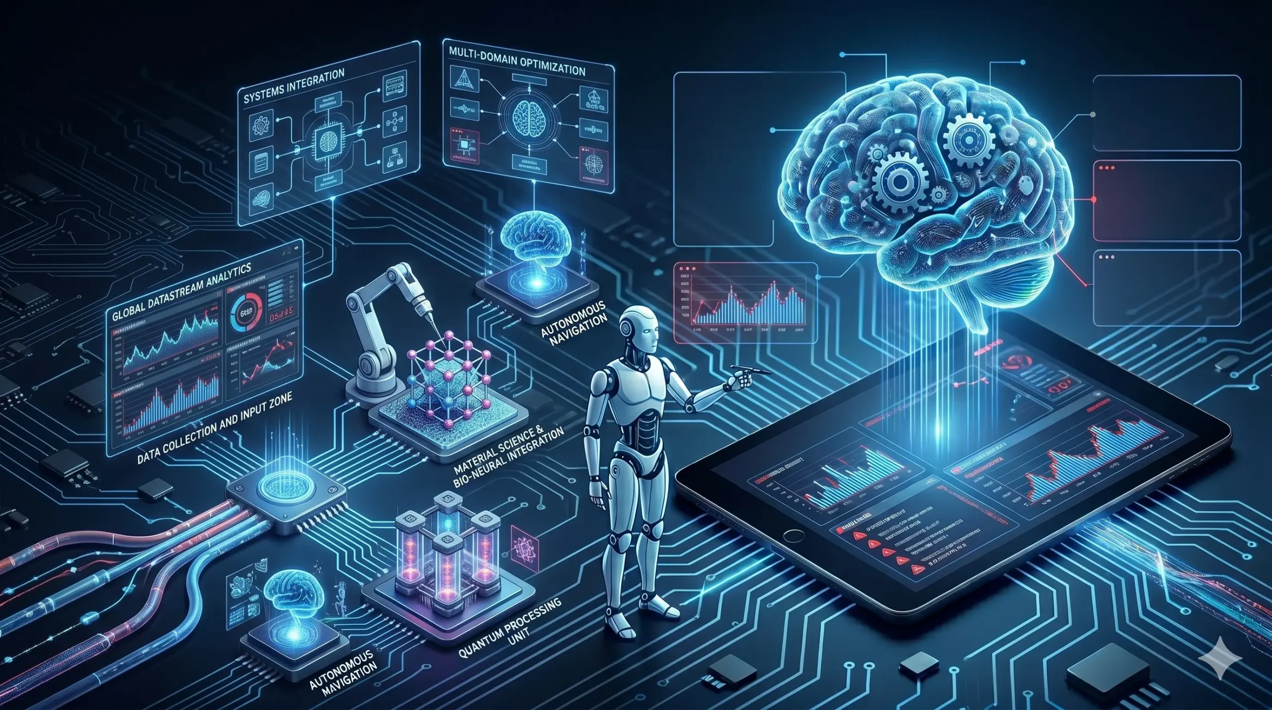 Futuristic digital illustration featuring a humanoid robot standing on a glowing circuit board, interacting with a tablet that projects a holographic human brain with mechanical gears, symbolizing advanced artificial intelligence and machine learning.