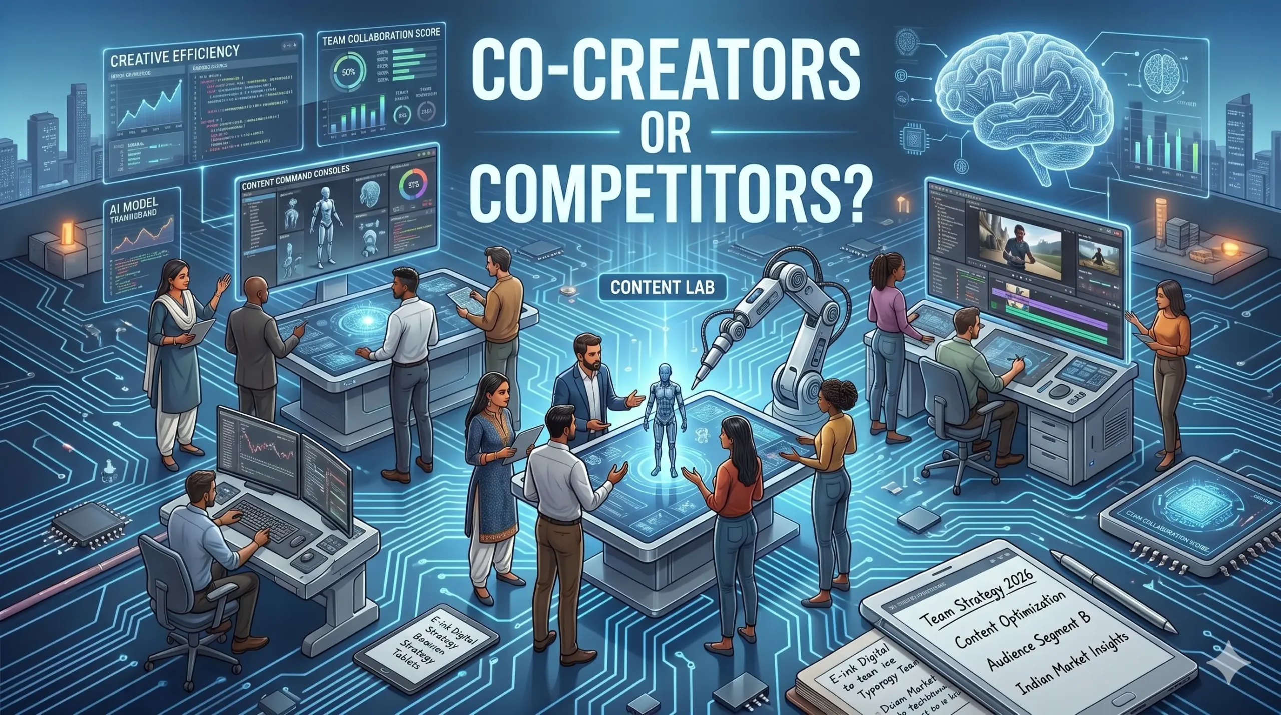 Digital artwork of a team working in a modern tech environment with holographic displays and a digital brain, exploring the theme of human-AI collaboration with the central text "Co-Creators or Competitors?"