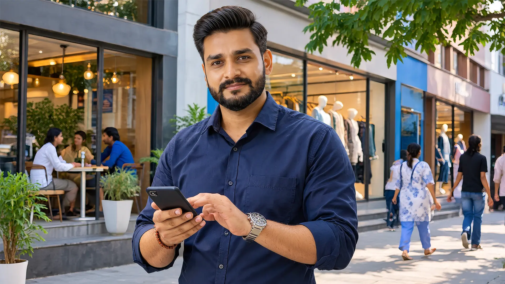 Business professional using a smartphone outside local shops and a cafe in a commercial area.