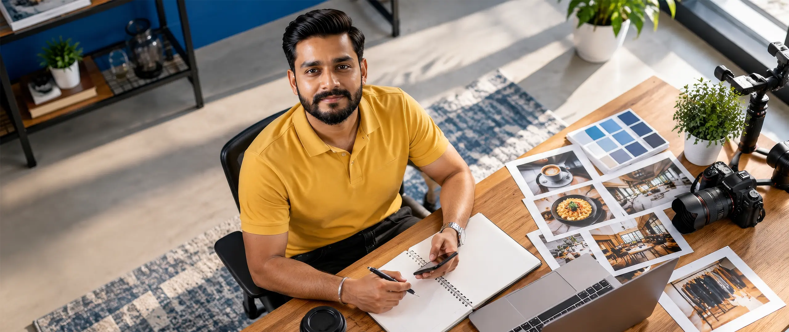 Social media content planning with a smartphone, product photographs, camera and colour swatches at a creative workspace.