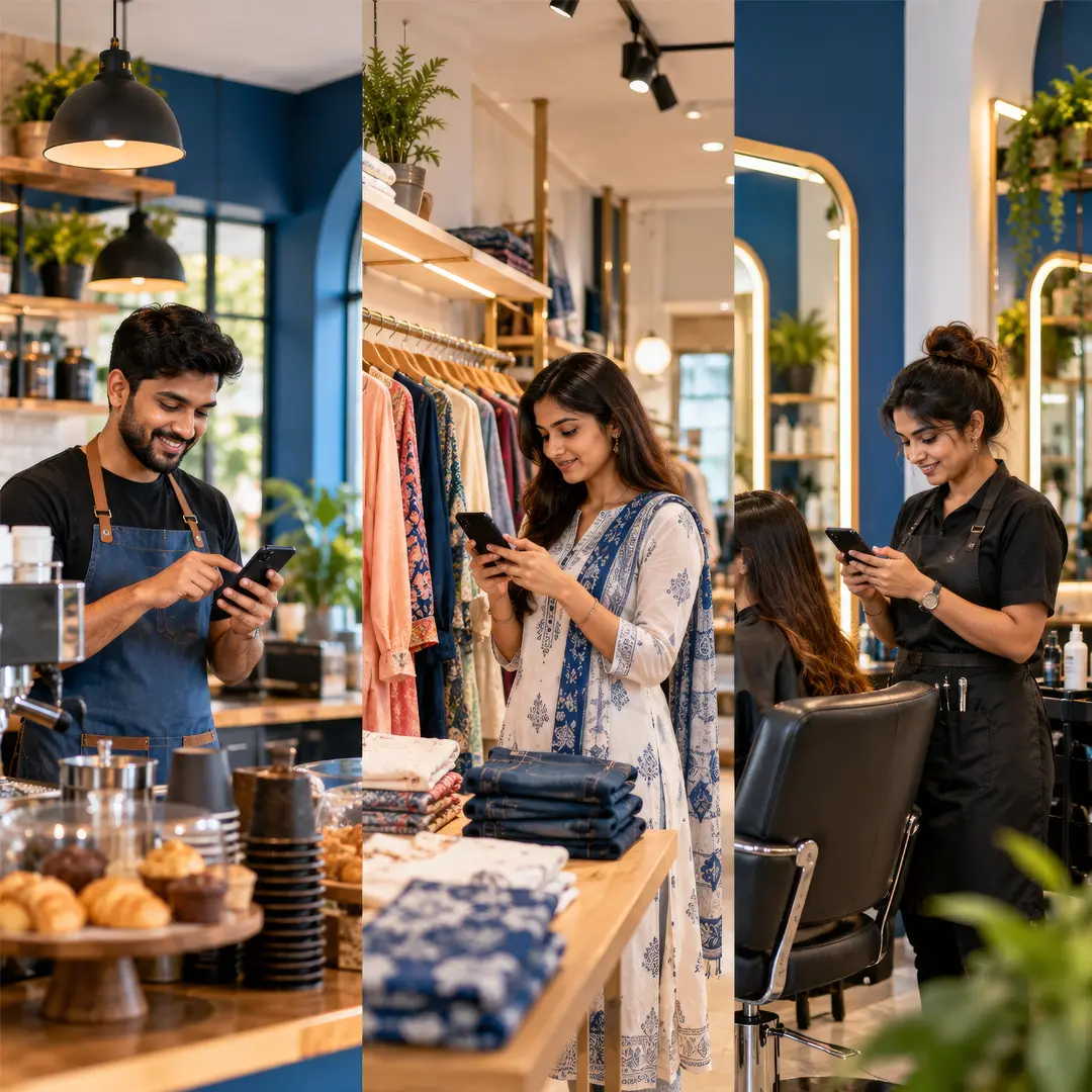 Small business owners using smartphones to manage social media for a cafe, clothing store and salon.